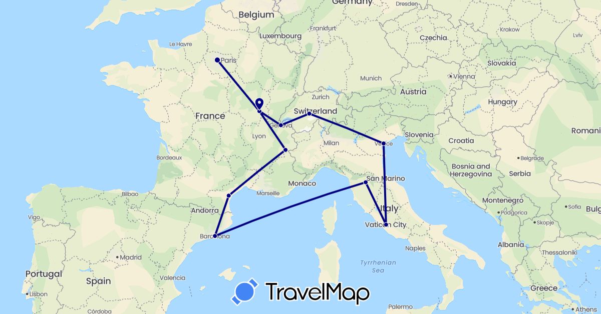 TravelMap itinerary: driving in Switzerland, Spain, France, Italy (Europe)