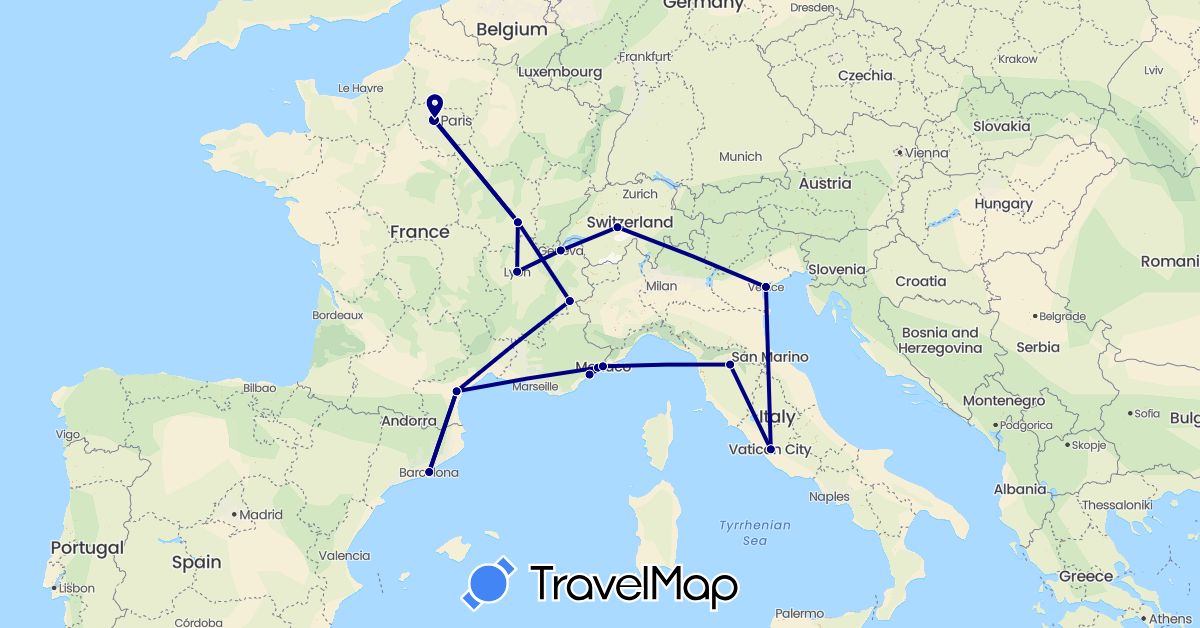 TravelMap itinerary: driving in Switzerland, Spain, France, Italy, Monaco (Europe)